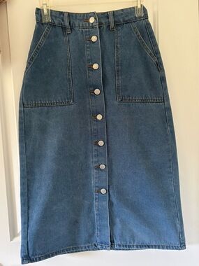 High-Rise Button-Front Midi Denim Skirt - Blue